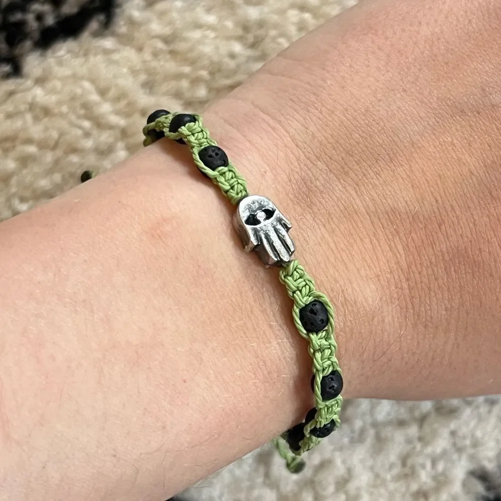 Silver Hamsa & Black Lava Bead Macrame Handmade Adjustable Bead Bracelet Unisex